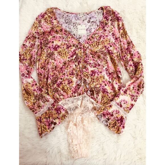 FREE PEOPLE Heat Wave Pink Floral Long Sleeve Bodysuit Thong‎ Crochet Lace New - Picture 5 of 13